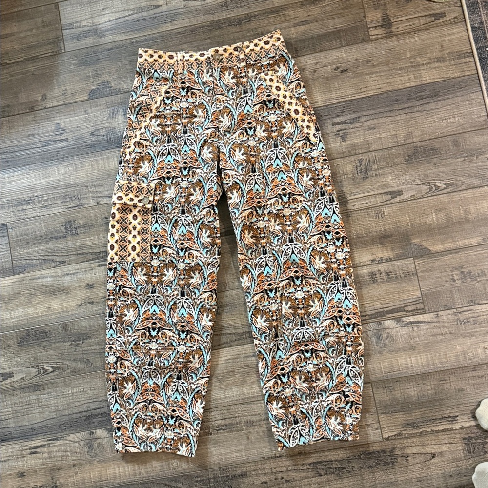 Anthropologie Boho Chic Corduroy Barrel Pants Blue Motif, Size 0 - Picture 4 of 10